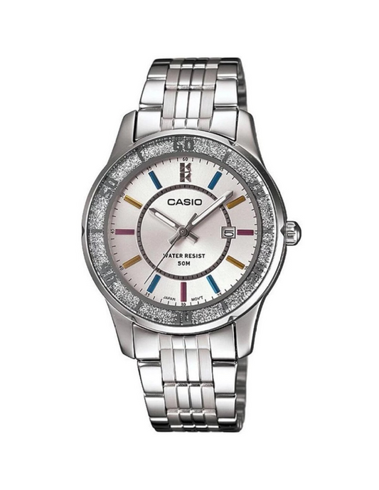 Casio LTP1358D-7A Women's Lamé-Sprinkled Bezel Metal Fashion Silver Dial Watch 4971850921899