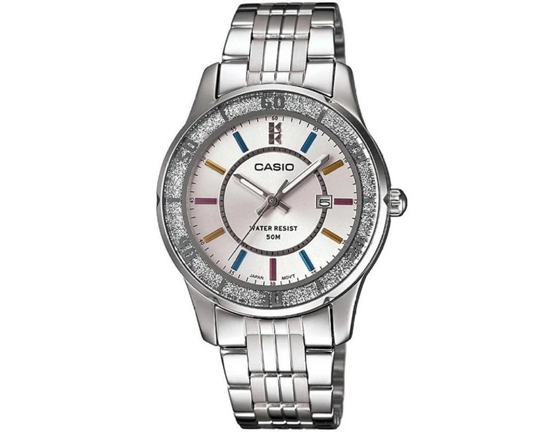 Casio LTP1358D-7A Women's Lamé-Sprinkled Bezel Metal Fashion Silver Dial Watch 4971850921899